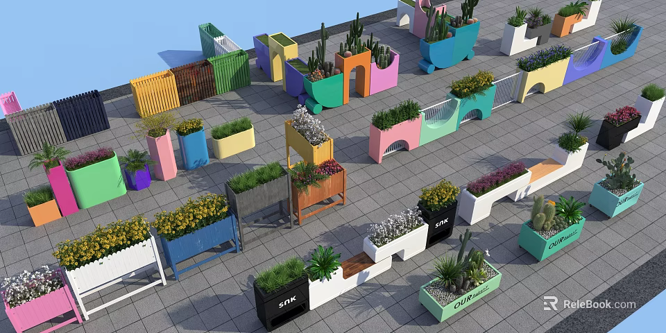 Colorful Outdoor Garden Planters With Varied Shapes And Diverse Plants Decoration 3d model 