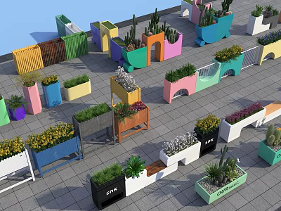 Colorful Outdoor Garden Planters With Varied Shapes And Diverse Plants Decoration 3d model