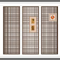 Wooden Lattice Partition Design With Decorative Panels And Circular Artwork