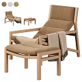Cozy Lounge Chair with Wooden Frame Beige Cushion and Tasseled Blanket Ottoman