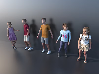 Group of Five Children Standing Together on Gray Background in Various Outfits 3d model