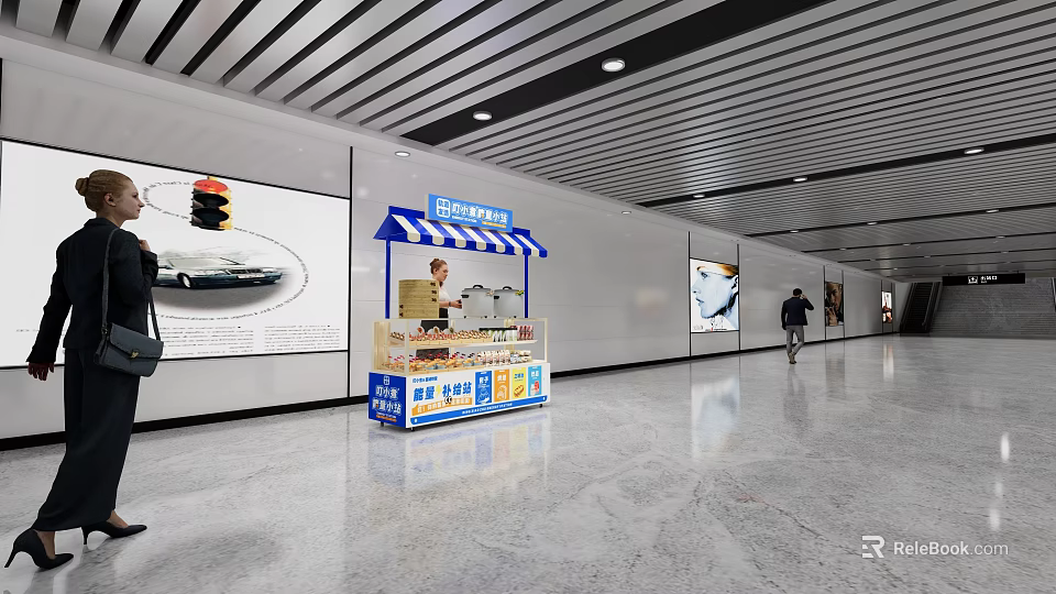 Modern Subway Station Interior With Striped Ceiling Advertisement Billboards And Kiosk 3d model 