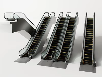 Modern Commercial Escalators With Glass Railings Metal Frames And Yellow Step Edges For Shopping Malls 3d model