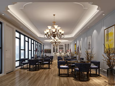Modern Restaurant Interior With Chandelier Wooden Flooring Large Windows Dining Tables And Decorative Paintings 3d model