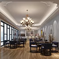 Modern Restaurant Interior With Chandelier Wooden Flooring Large Windows Dining Tables And Decorative Paintings