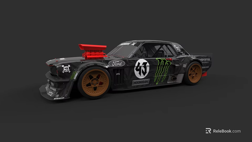 Black Modified Race Car With Monster 4T Logos Brown Wheels And Red Roof 3d model 