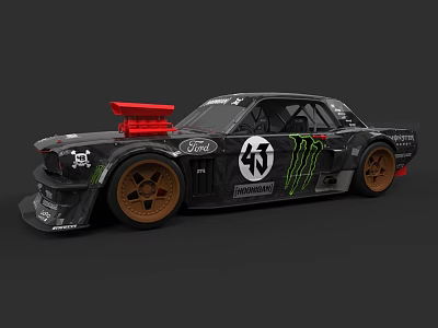 Black Modified Race Car With Monster 4T Logos Brown Wheels And Red Roof 3d model
