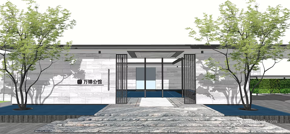 Modern Wanjing Mansion Entrance Gate With Stone Wall Glass Door Metal Frame Stone Steps And Trees 3d model 