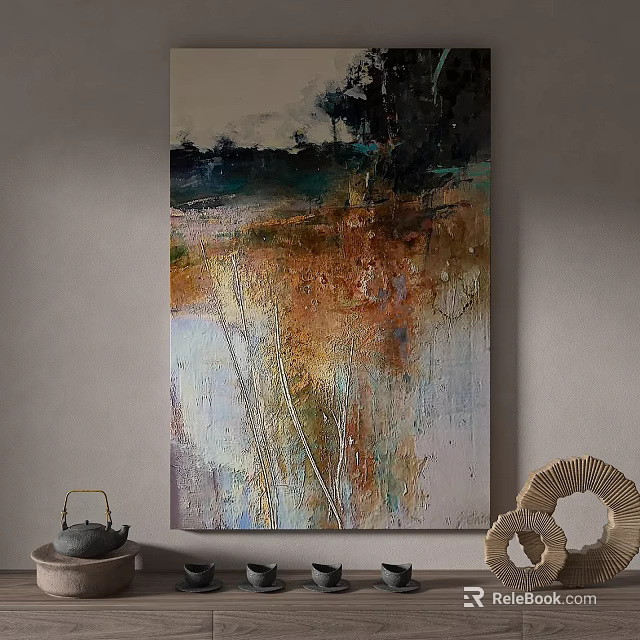 Modern Abstract Painting With Colorful Textures And Tea Set Decorative Ornaments 3d model 