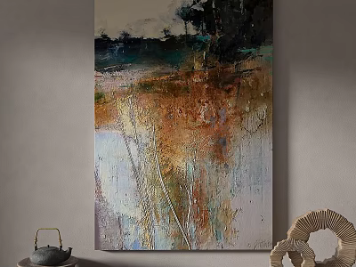 Modern Abstract Painting With Colorful Textures And Tea Set Decorative Ornaments 3d model