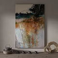 Modern Abstract Painting With Colorful Textures And Tea Set Decorative Ornaments