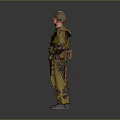 Man in Military Camouflage Uniform Wearing Helmet Standing Against Gray Background