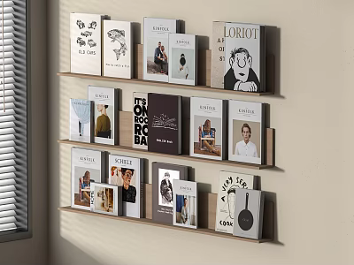 Modern Wall Mounted Wooden Shelf with Books Magazines and Decorative Items 3d model