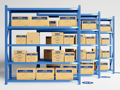 Blue Metal Storage Shelves With Multiple Tiers Holding Cardboard Boxes In Warehouse 3d model