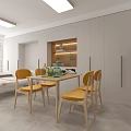 Modern Open Concept Dining Living Room Interior With White Cabinets Wooden Table And Yellow Chairs