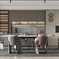 Modern Open Kitchen Interior Design With Island Dining Table And Stylish Chairs 3d model