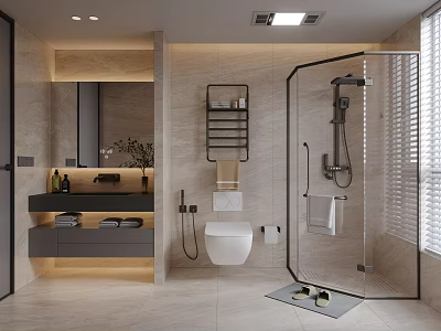 Modern Bathroom Interior With Glass Shower Enclosure Wall Hung Toilet Vanity Mirror And Tiled Floor 3d model