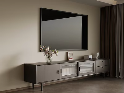 Modern Gray TV Stand with TV Vase Photo Frame and Electronic Devices in Living Room 3d model