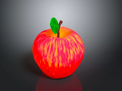 Fresh Red and Yellow Striped Apple with Green Leaf and Brown Stem on Dark Background 3d model