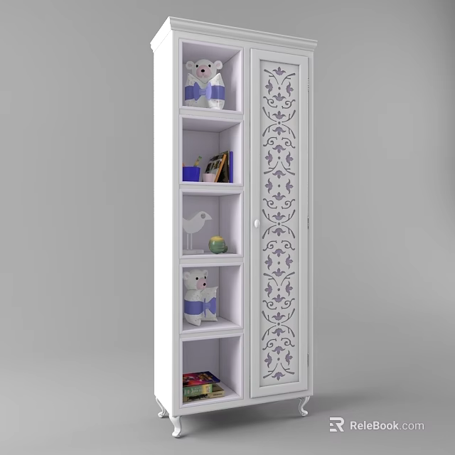 White Display Cabinet Shelf With Purple Floral Patterns And Stuffed Toys Books Decorations 3d model 