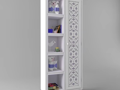 White Display Cabinet Shelf With Purple Floral Patterns And Stuffed Toys Books Decorations 3d model