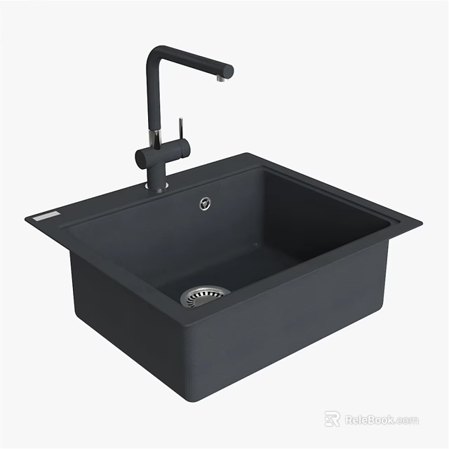 Black Single Bowl Quartz Kitchen Sink With Modern Faucet Design 3d model 