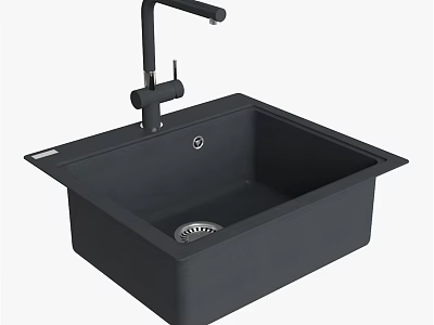 Black Single Bowl Quartz Kitchen Sink With Modern Faucet Design 3d model
