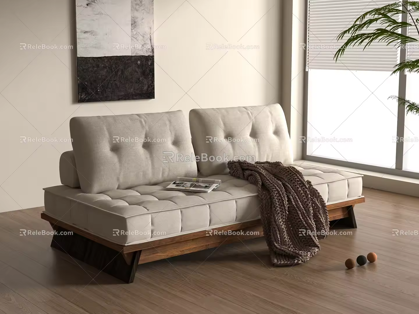 Modern Middle Ages Sofa Bed Double Sofa Solid Wood Fabric Sofa Blanket Books 3d model