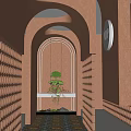 Modern Office Corridor With Red Arched Walls Circular Hole Decorations Green Plant And UP Sign
