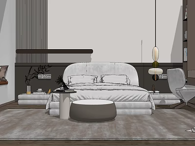 Modern Bedroom Interior With White Double Bed Soft Bedding Round Ottoman And Hanging Pendant Lamp 3d model