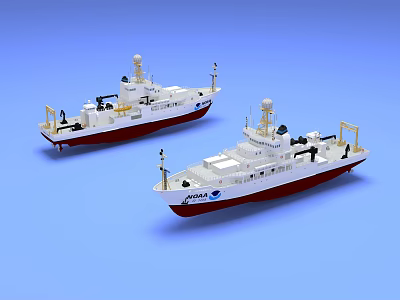 Two White And Red Ship Models On Blue Background 3d model