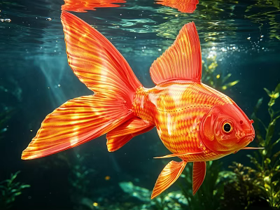 Vibrant Red Goldfish Swimming In Underwater Environment With Green Aquatic Plants And Sunlight 3d model