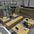 Public Office Space Interior With Wooden Desks Computers Lamps Bookshelves And Windows
