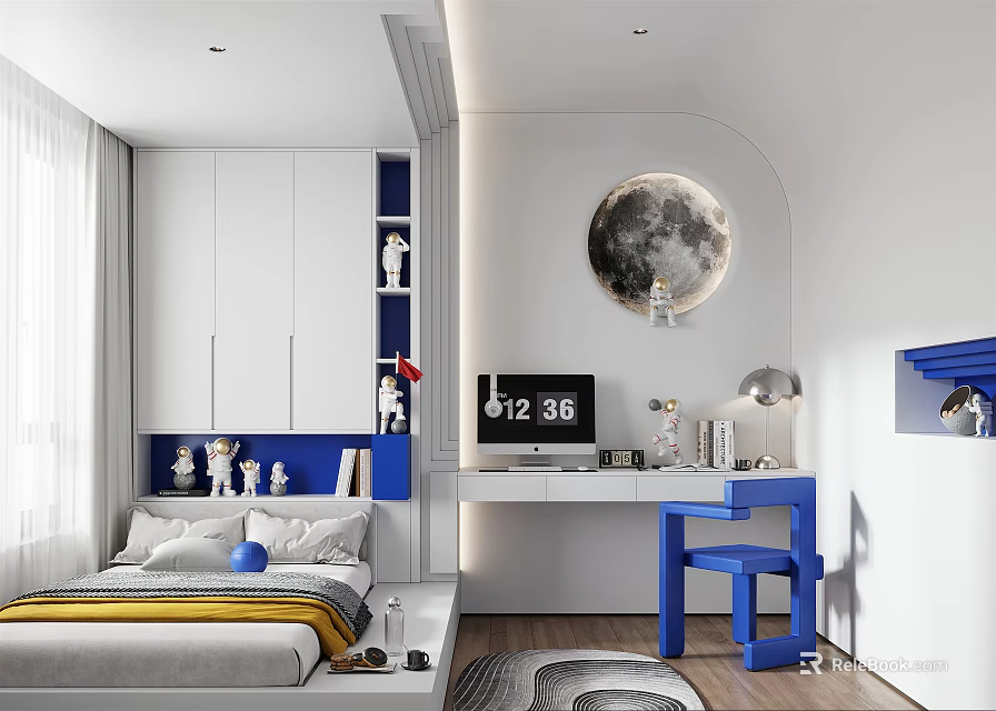 Tatami Bedroom Interior Design With White Blue Decor Moon Wall Art And Blue Chair 3d model 