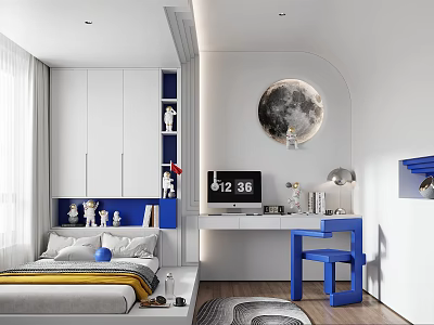 Tatami Bedroom Interior Design With White Blue Decor Moon Wall Art And Blue Chair 3d model