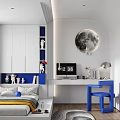 Tatami Bedroom Interior Design With White Blue Decor Moon Wall Art And Blue Chair