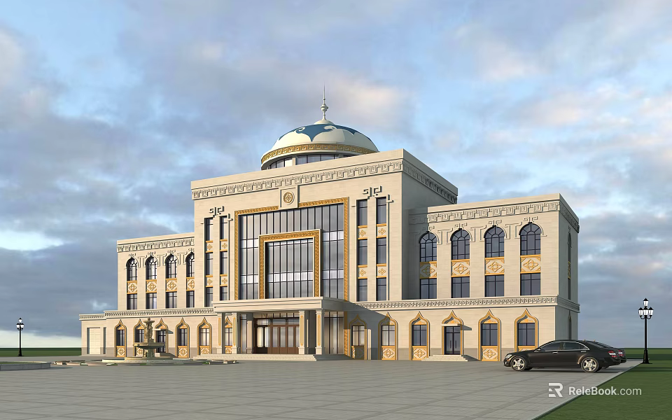 Classical Style Office Building With Dome Beige Exterior Columns Front Plaza And Black Car 3d model 