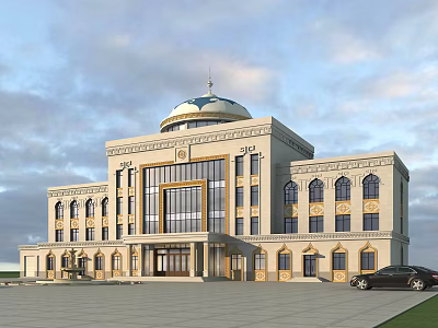 Classical Style Office Building With Dome Beige Exterior Columns Front Plaza And Black Car 3d model