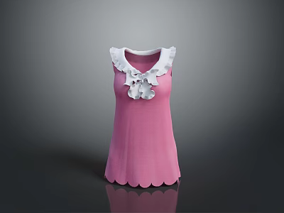 Pink Sleeveless Dress with White Ruffled Collar and Bow Decoration and Scalloped Hem Design 3d model