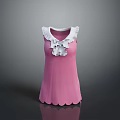 Pink Sleeveless Dress with White Ruffled Collar and Bow Decoration and Scalloped Hem Design