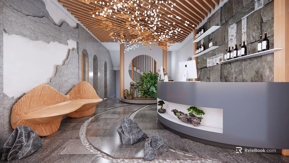 Store Front Desk With Wooden Ceiling Chandeliers Gray Curved Design Stone Decorations And Green Plants 3d model 