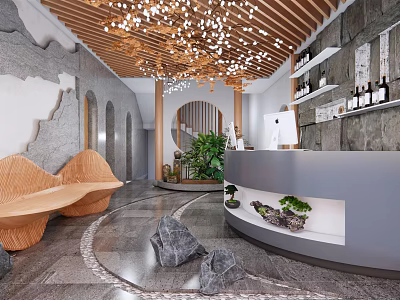 Store Front Desk With Wooden Ceiling Chandeliers Gray Curved Design Stone Decorations And Green Plants 3d model