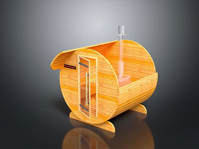 Modern Round Wooden Sauna Featuring Glass Door And Top Heater Design 3d model