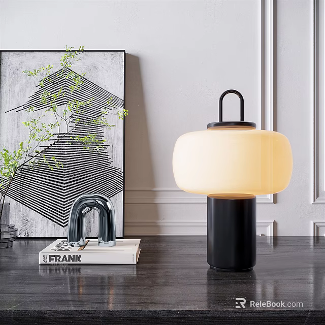 Table Lamp With Black Base And Cream Shade Near Modern Art Painting And Frank Book 3d model 