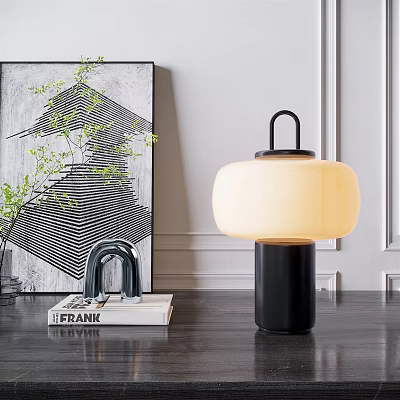 Table Lamp With Black Base And Cream Shade Near Modern Art Painting And Frank Book 3d model