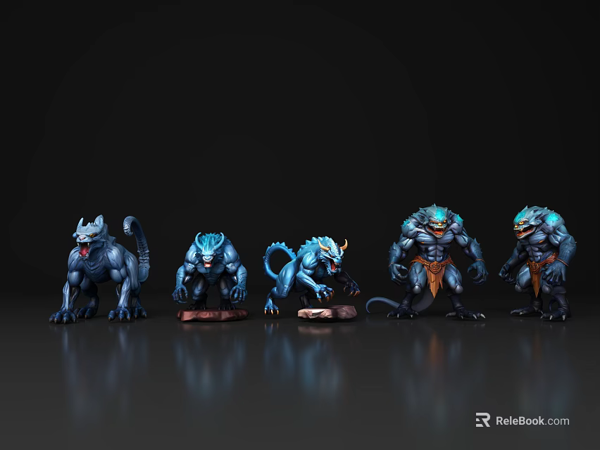 Detailed Blue Creature Figurines Displaying Diverse Poses On Reflective Surface 3d model 
