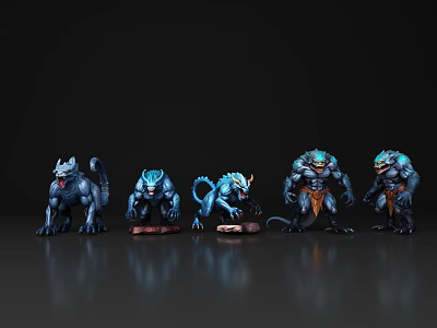 Detailed Blue Creature Figurines Displaying Diverse Poses On Reflective Surface 3d model