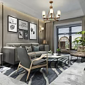 Modern Luxury Living Room With Sofa Coffee Table TV Stand Chandelier And Large Window