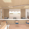Modern Community Reception Area With Wooden Ceiling White Counter Blue Chairs And Lawn View Windows