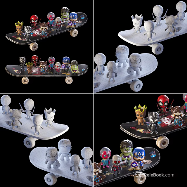 Decorated Sports Skateboards With Various Toy Figures And Different Creative Designs 3d model 